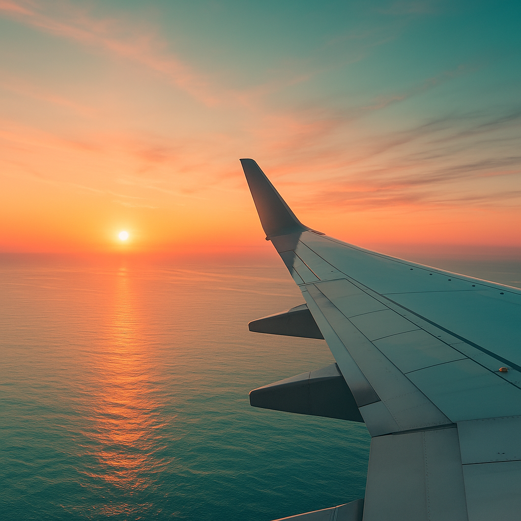 Ocean sunrise with airplane wing—freedom to travel