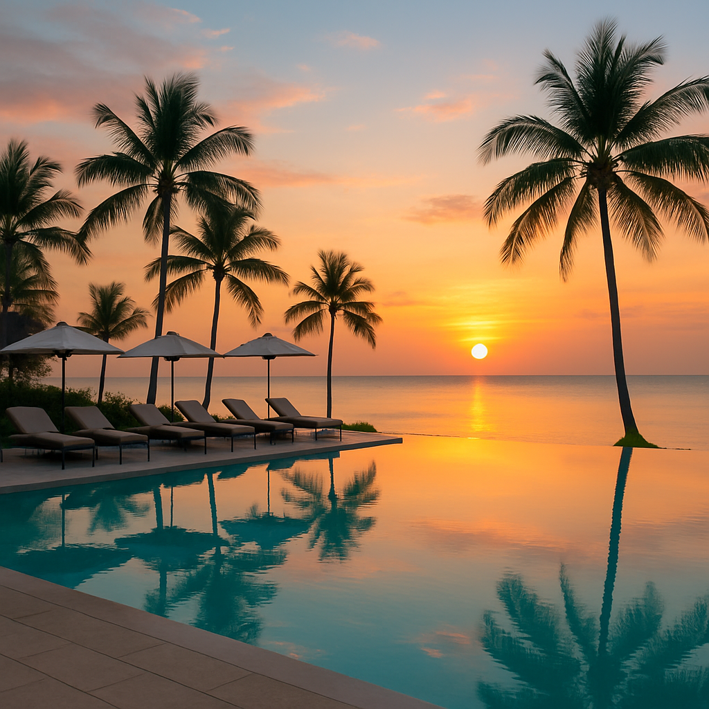 Resort pool at sunset